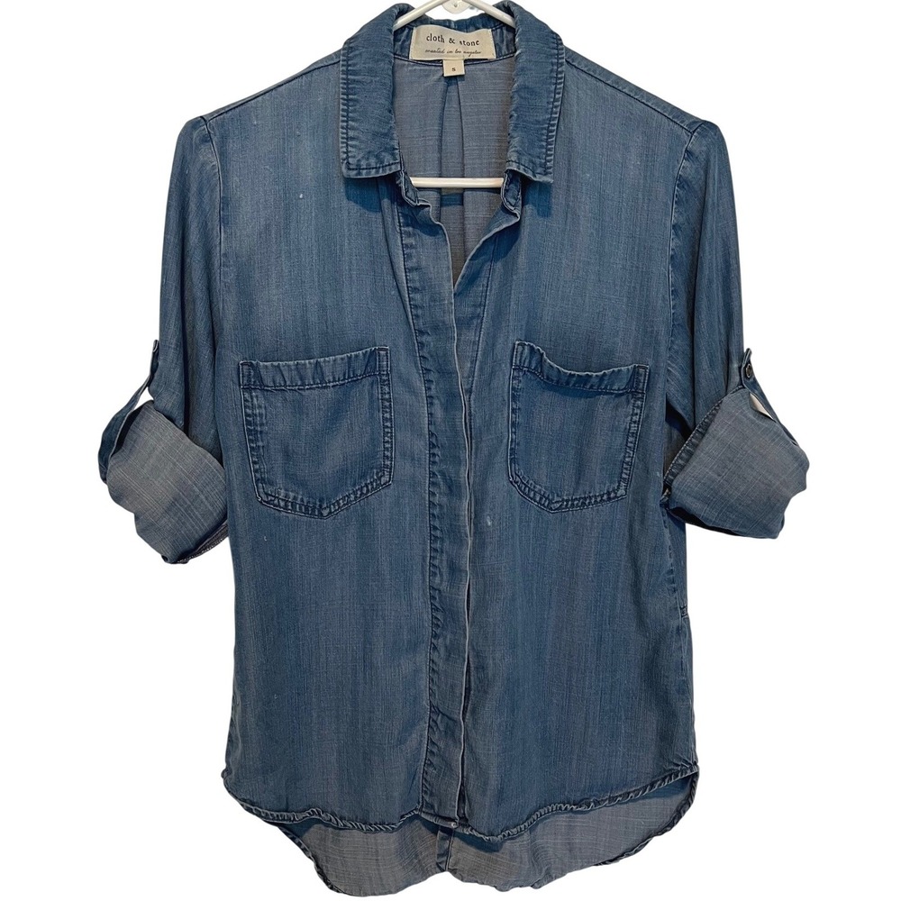 Cloth & Stone Womens S Button Down Shirt Blue Chambray Roll Tab Sleeves Tencel - Picture 2 of 10